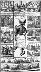 Frontyspis do książki „Mercurius Rusticus: Skarga kraju opowiadająca o smutnych wydarzeniach późnego Niespotykanego Rebelii”, opublikowanej w 1685 r.